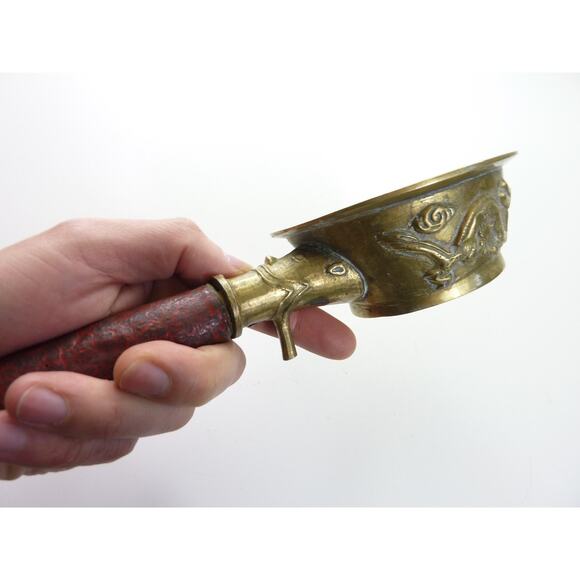 Vintage Chinese Iron Dragon Brass Coal Pot Design and Wooden Handle Antique - Picture 1 of 6